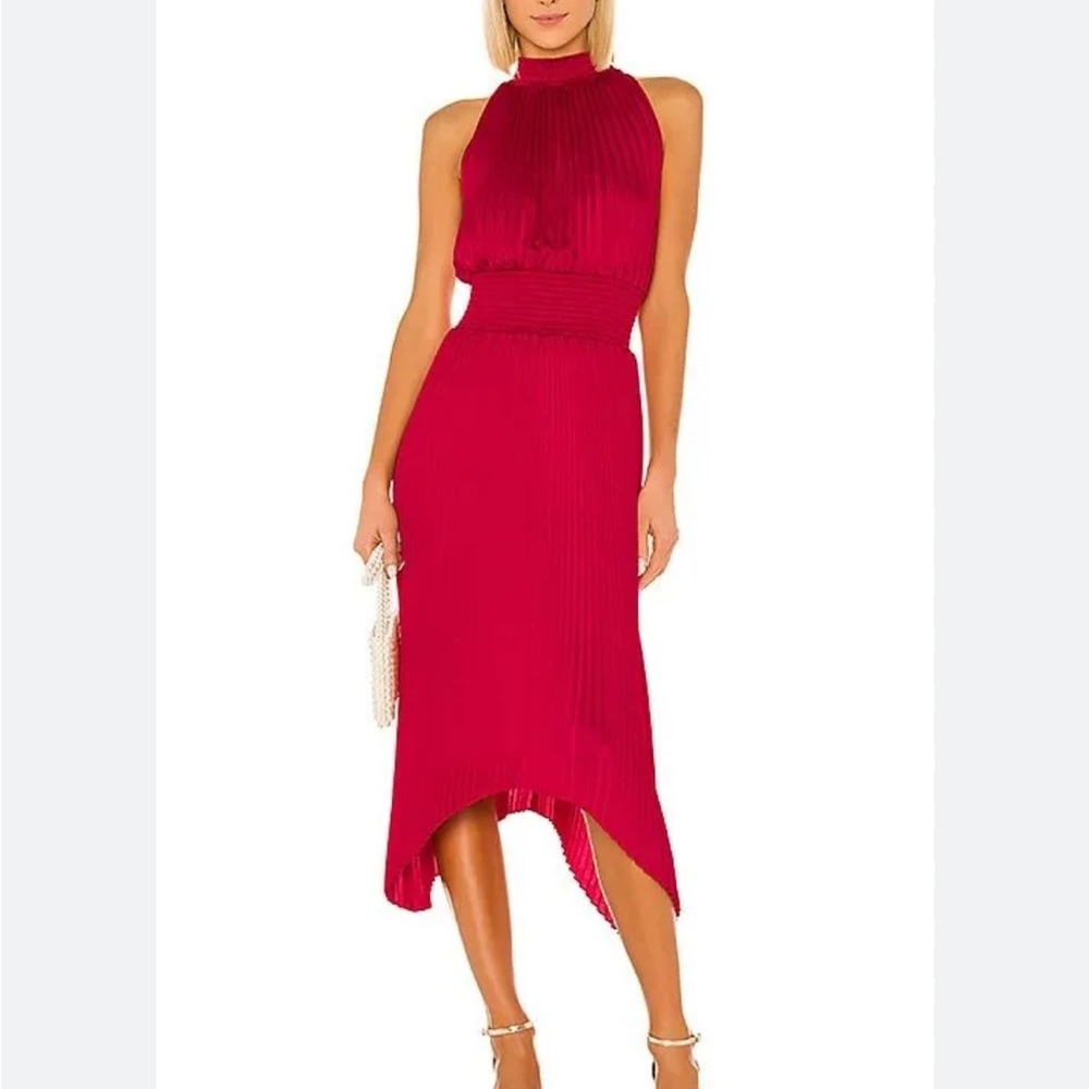 1. STATE Pleated Asymmetrical Midi Dress